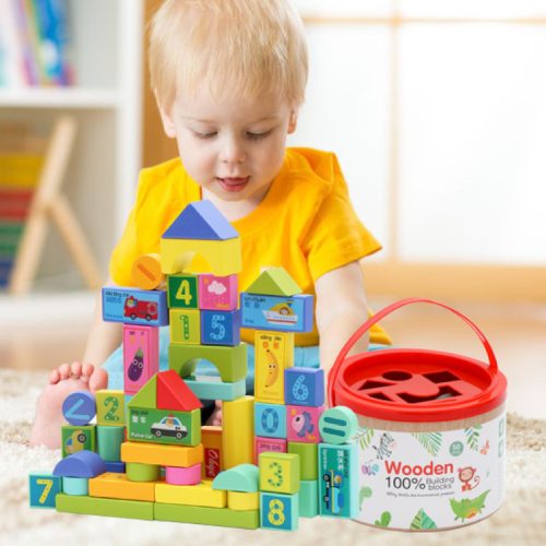 Children s wooden toy building blocks 50 pieces large blocks bucket packaging transportation fruit recognition early education educational wooden blocks solid wood