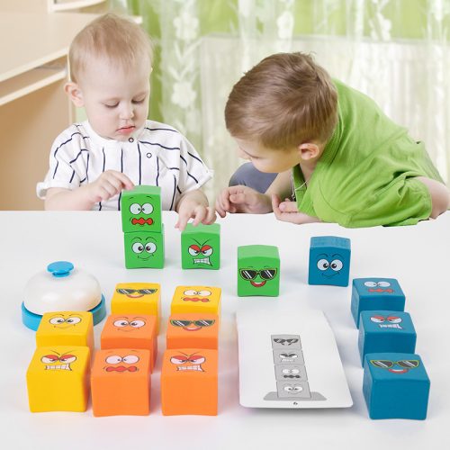 Children s building block toys facial expression puzzles tower building cube stacking high stacking tabletop interactive wooden double-player battle game